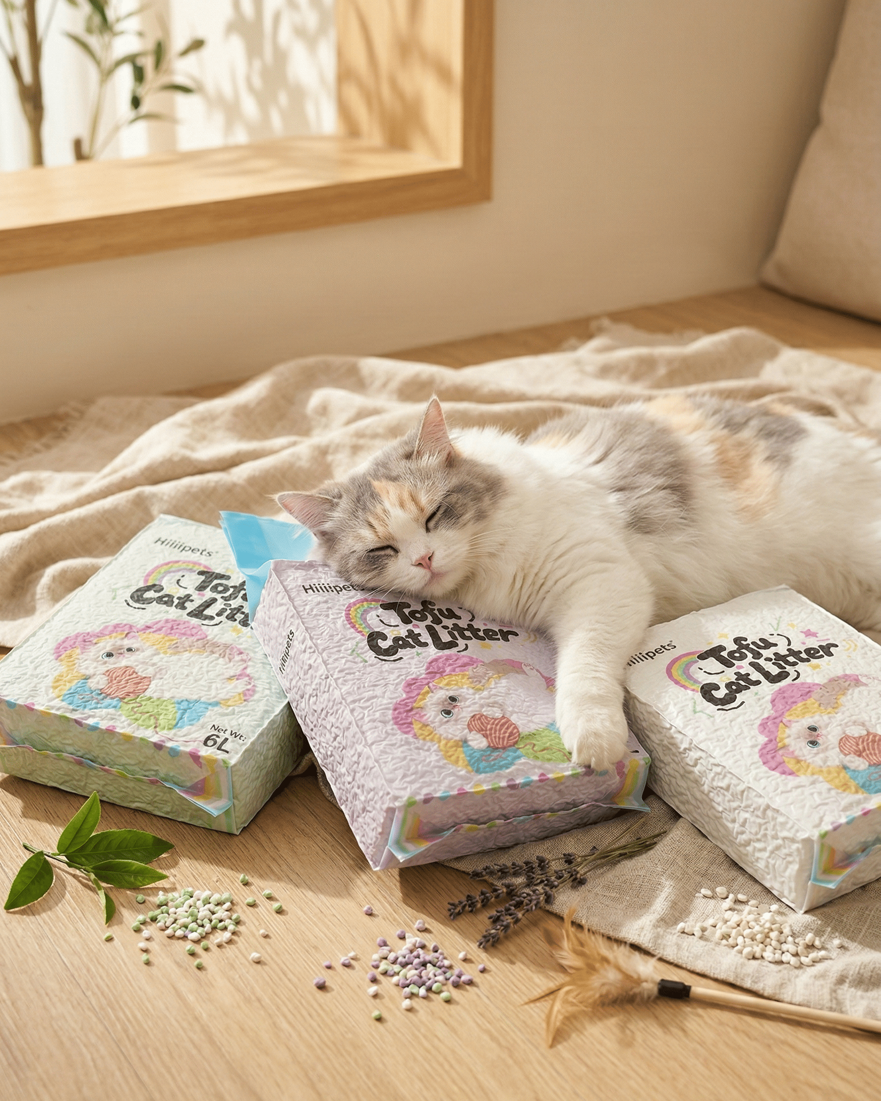 Las tres variedades de Tofu Cat Litter en presentación horizontal